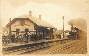 South Paris ME Railroad Station Train Depot Arriving Train Real Photo Postcard