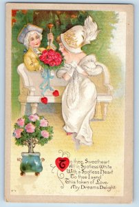 Valentine Postcard Couple Romance With Roses Flowers Embossed c1910's Antique