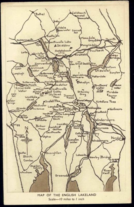 cumberland, English Lake District Map Postcard (1930s)