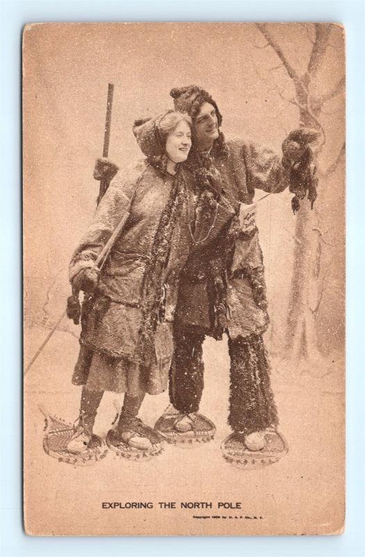 Postcard Man Woman Eskimos Exploring The North Pole Snow Shoes 1909 G19