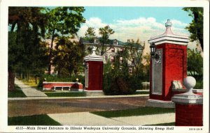 Main Street Entrance Wesleyan University Kemp Hall IL Linen Vintage Postcard F36