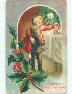 Pre-Linen christmas GIRL GRABS FRUIT ON TABLE FOR LITTLE BROTHER k1471