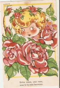 María Claret; Girl's face between roses Old vintage Spanish...