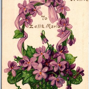 1910 Gold Handwritten To Zella Marie Violet Flower Basket PC Luana Mosier A177