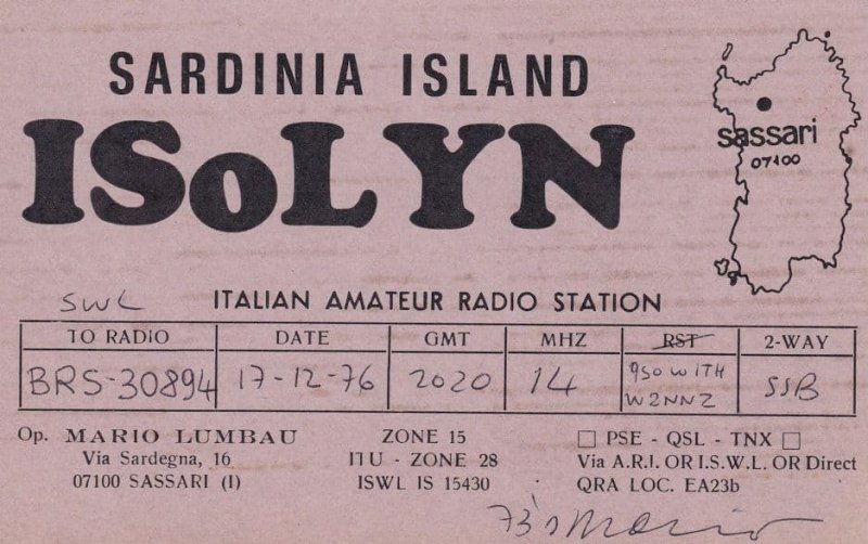 Sardinia Island 1970s Italian QSL Amateur Radio Card