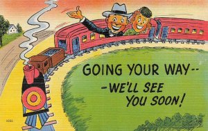 Greeting  GOING YOUR WAY~We'll See You Soon!  COUPLE ON TRAIN  ca1940's Postcard