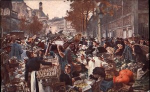 Paris France Les Halles Busy Market Scene c1900-20s Vintage Postcard