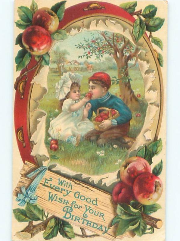 Pre-Linen GIRL AND BOY EATING APPLES UNDER THE TREE AC1637