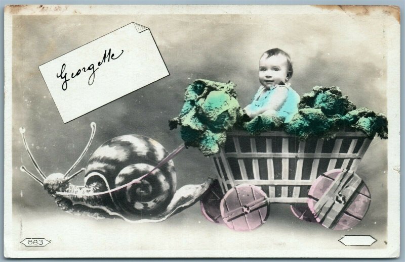 PHOTOMONTAGE SNAIL CARRIAGE BABY ANTIQUE REAL PHOTO POSTCARD RPPC