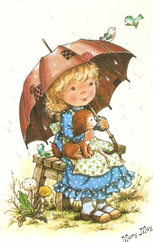 Mary May. Little girl with umbrella and her pet Modern Spanish, artist signed