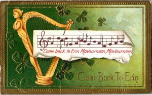Golden Harp, Shamrocks Come Back to Erin Ireland c1912 Vintage Postcard F43