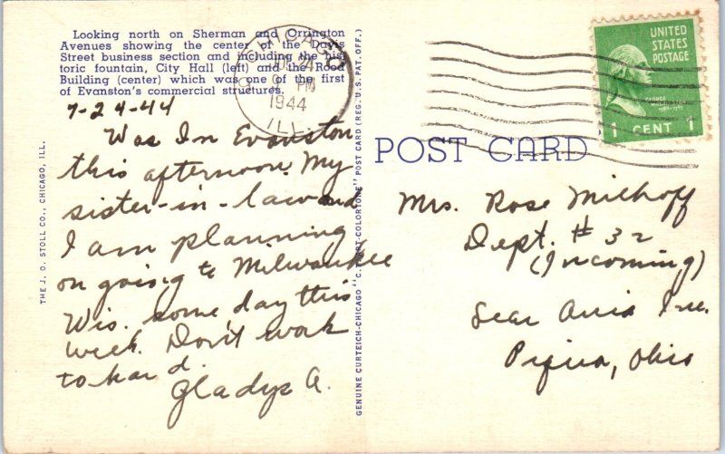 1940s Looking North Fountain Square Evanston Illinois Postcard