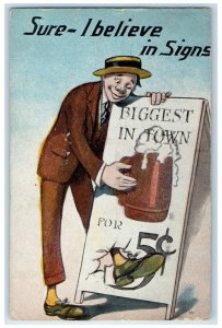 1917 Drunk Man Biggest In Town I Believe In Sign Portland Maine ME Postcard