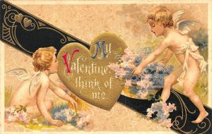 Valentines Day Think of Me Cupids Embossed Winsch Postcard