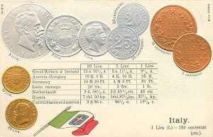 Postcard C-1905 Italy Coins Numismatic embossed Flag TP24-1426