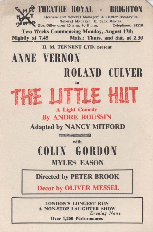 Anne Vernon Roland Culver The Little Hut Old Theatre Flyer