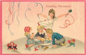 Lovely drawn children New Year luck greetings candle mushrooms signed Kerckhoff 