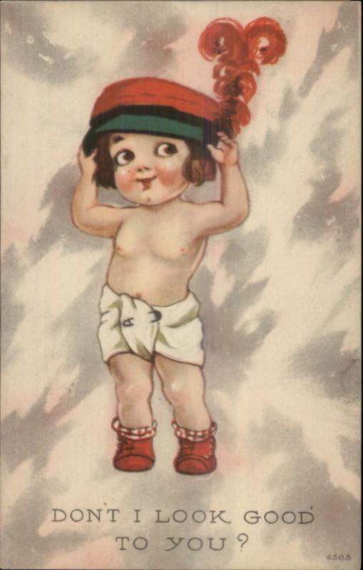 Cute Little Girl Poses in Hat & Diaper DON'T I LOOK GOOD? c1915 Postcard WALL