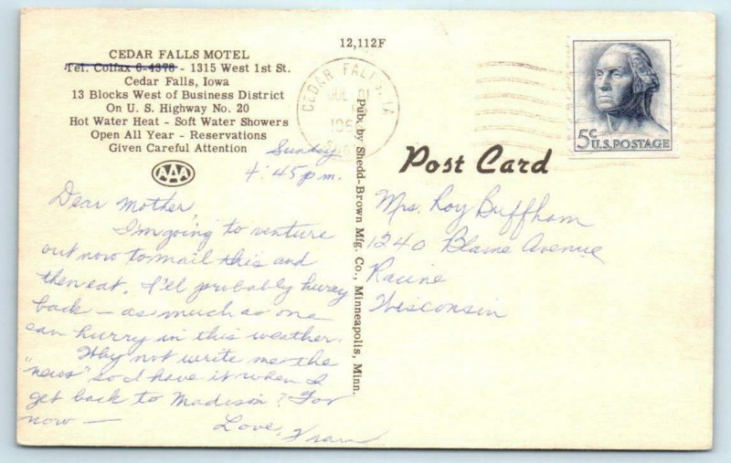 CEDAR FALLS, Iowa IA ~ Roadside CEDAR FALLS MOTEL ca 1940s Linen Postcard