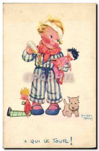 Old Postcard Fantasy Illustrator Child Beatrice Mallet Whose turn Dog