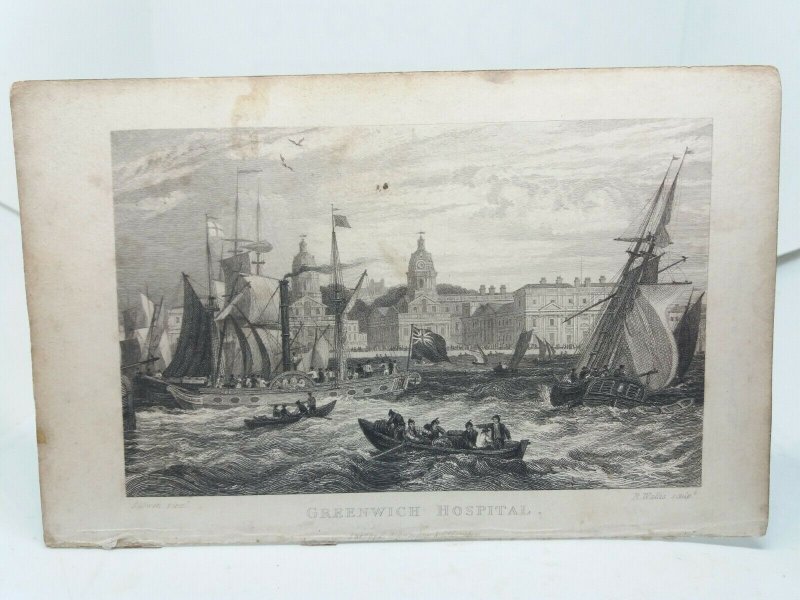 Antique Print / PC of Greenwich Hospital London from the River Thames c1830