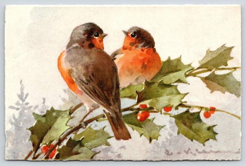 Catherine Klein~Lil Robins on Holly Berry Branch~Love Birds~Stehli No 125