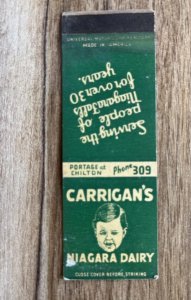 Vintage Matchbook Cover Carrigan's Niagara Dairy KB22