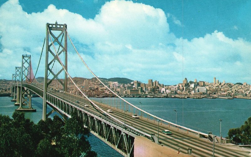 Vintage Postcard Mammoth Long Giant Spans San Francisco Oakland Bay Bridge Calif