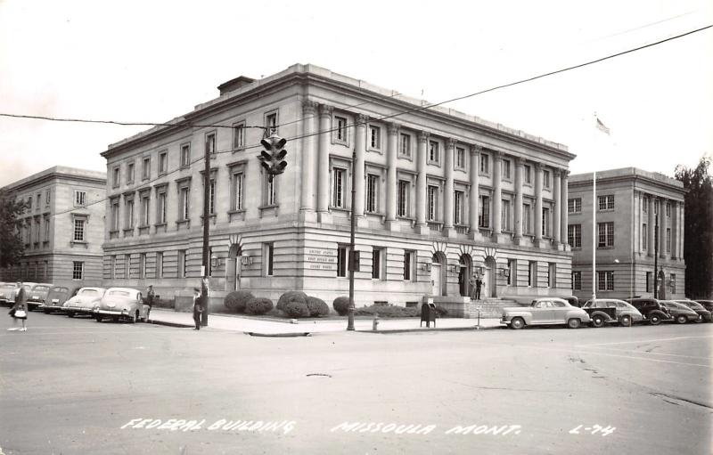 Missoula Montana~Federal Building~US Post Office~Court House~1930-40s Cars~RPPC