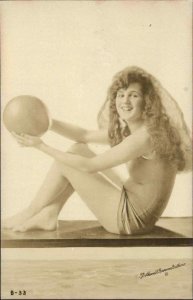 Bathing Beauty Woman w/ Ball Bothwell Brown Bathers Real Photo Postcard