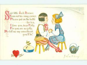 Reproduction valentine signed GIRL HOLDS HANDS WITH BOY ON STOOLS r3976