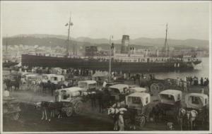 Made in Mallorca Steamship Docked Busy Dock Scene Horse Carriages c1910 RPPC