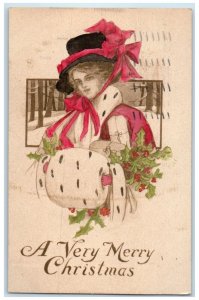 1910 Merry Christmas Pretty Woman Handwarmer Berries Hand Painted Art Postcard