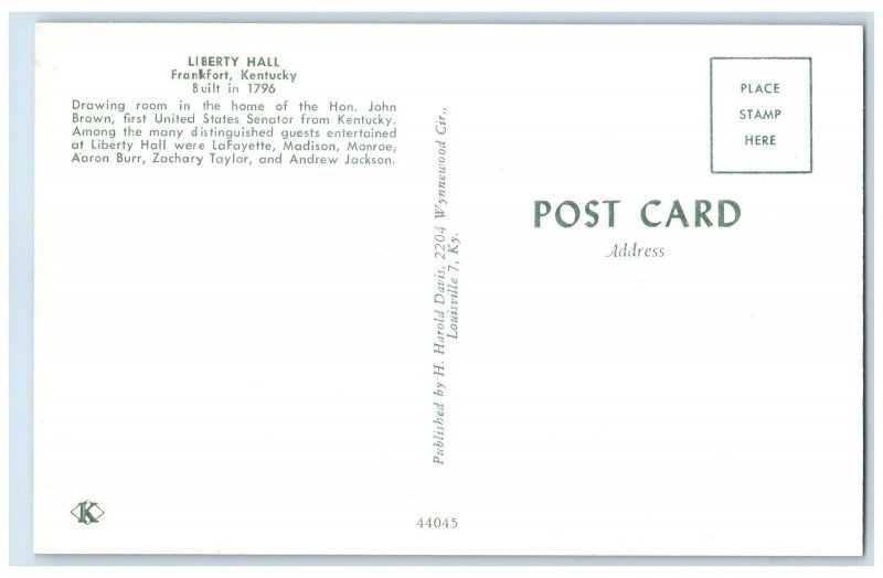 c1950's Liberty Hall Interior Settings Fireplace Portrait Frankfort KY Postcard