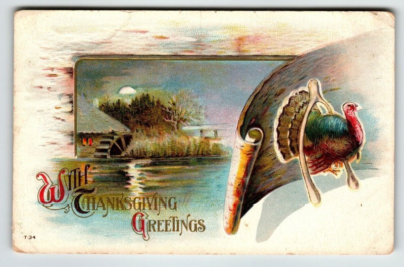 Thanksgiving Turkey Postcard Water Wheel Lake Wishbone Vintage Holiday Unposted