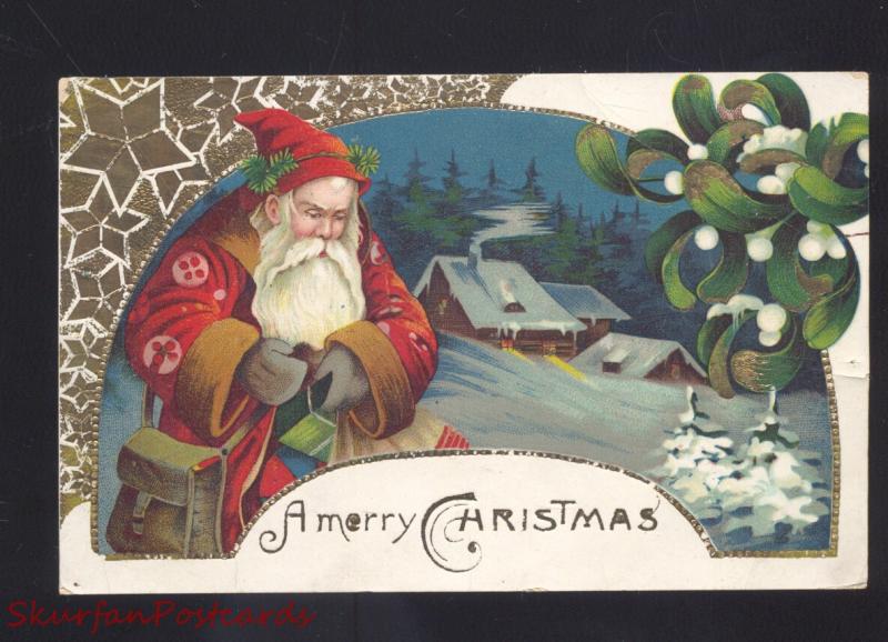 A MERRY CHRISTMAS SANTA CLAUS GELCOAT RED ROBE ANTIQUE VINTAGE POSTCARD 1909