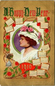 postcard Happy New Year 1910 - Alan Gilbert - Woman in hat with hourglass rose