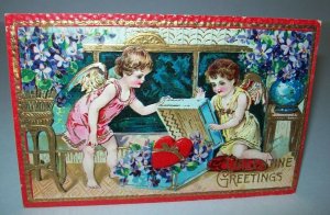 Valentine Greetings Postcard Series 0585 Embossed Cherub Angels Gold Trim Saxony