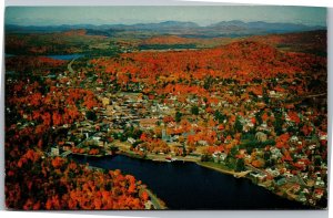 Postcard NY Aerial view of Lake Flower and Saranac Lake