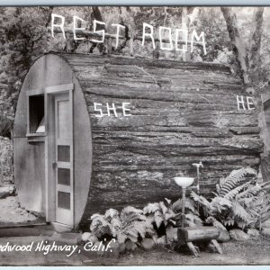 c1910s Redwood Hwy, CA RPPC Rest Room Tree Log Outhouse Toilet Real Photo A164