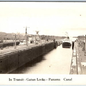 c1930s Panama Canal RPPC Gatun Lock Real Photo Steamer Freight Ship Postcard A97