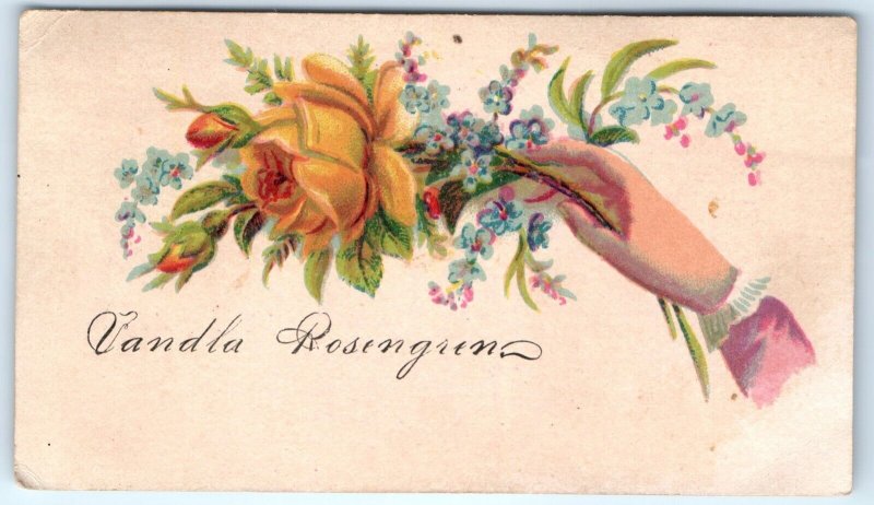 c1880s Vandla Rosengren Name Calling Trade Card Hand Motif Floral Visiting C1