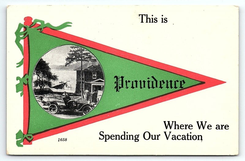 c1910 PROVIDENCE RHODE ISLAND PENNANT VACATION GREETINGS AUTO POSTCARD P3659