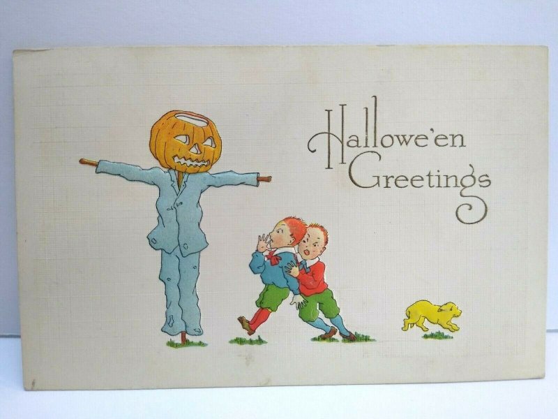 Dressed Pumpkin Head Scarecrow Anthropomorphic Halloween Postcard Fantasy Gibson 