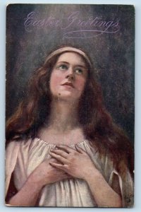 Easter Postcard Greetings Pretty Woman Curly Hair Oilette Tuck c1910's Antique