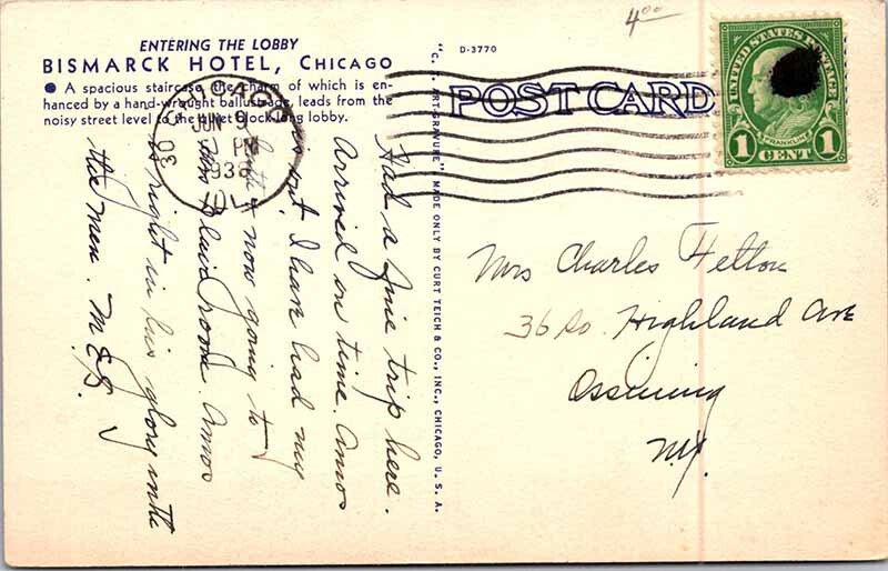 Postcard HOTEL SCENE Chicago Illinois IL AM7895