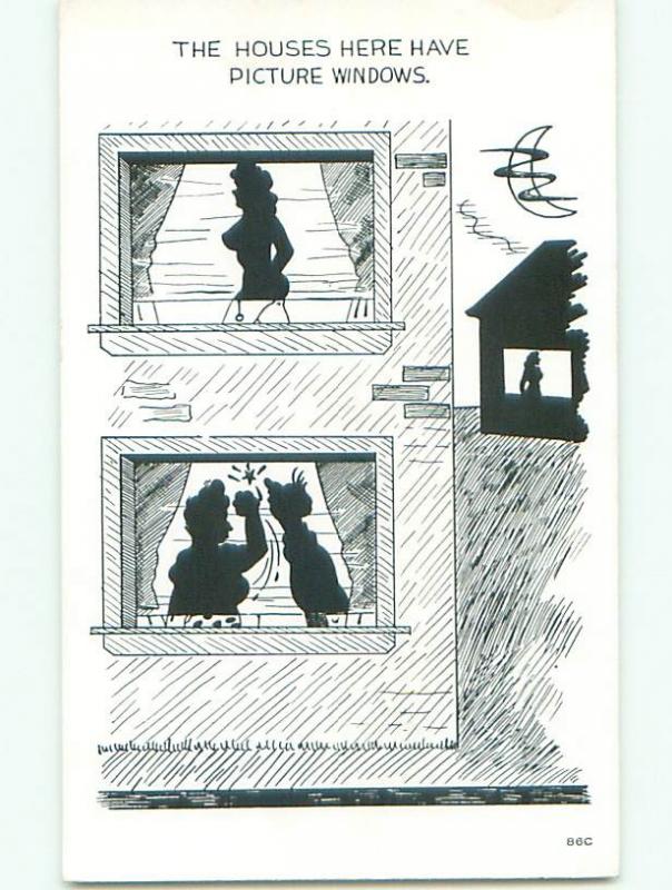 Unused 1960's risque SILHOUETTE OF NUDE GIRL IN APARTMENT k3887