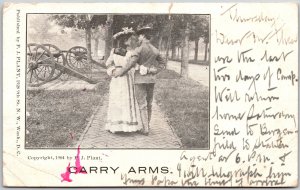Carry Arms, 1904 Sepia Soldier & Woman Embracing On Path with Cannons, Postcard