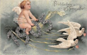 1905 HAPPY NEW YEAR ANGEL DOVE BIRDS ZURICH SWITZERLAND TO USA POSTCARD 1904