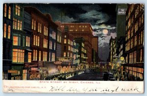 1907 State Street By Night Thompson's Clothing Clock Cars Chicago IL Postcard